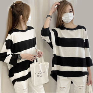 Multiplication 2024 Striped Print Casual Korean-style Long-sleeved Loose Mid-length Lazy Top Long T-shirt Sweatshirt