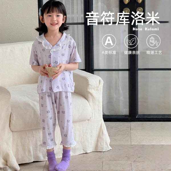 Summer new children's lapel home clothes big children's loose short sleeve pants cardigan suit