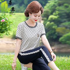 お母さんの夏服の丸首のスーツの中年の洋風の半袖の上着の女性の中高年の夏のレジャーのスポーツウェアの2つのセット