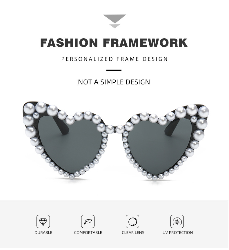 62g Weight Sweet Heart Shape PC UV400 Protection Heart Shape Pearl Frameless Women's Sunglasses