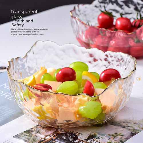 Japanese hammered gold-edged glass bowl wholesale household tableware minimalist Instagram-style dessert fruit bowl salad bowl set