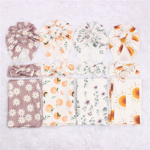 Newborn Print Sweet Donut Hat, Headband, Blanket Set - European and American Baby Anti-Spasm Swaddling Wrapper