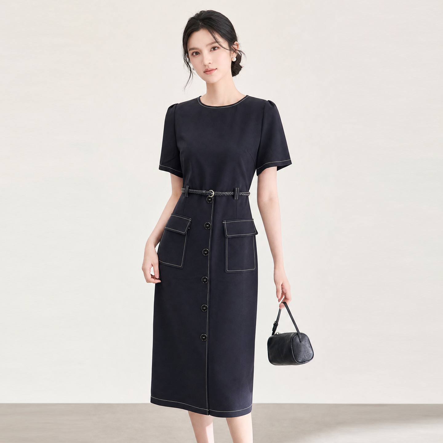 Đầm suông midi thắt eo phong cách Pháp thanh lịch — màu đen