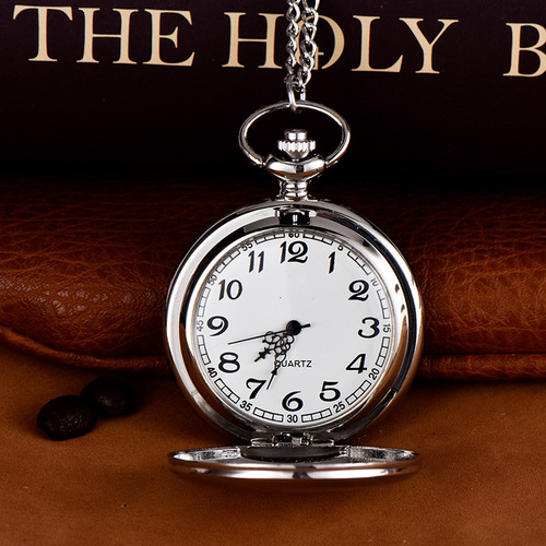 Two-Sided Light Silver Pocket Watch with Regular White Dial, Flip-Open Necklace Watch, Quartz Movement
