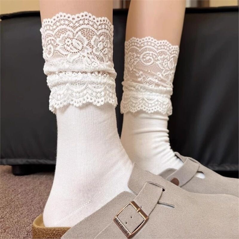 Lace Trim Women's Anti-Pilling Cotton Socks White Mid-Calf Socks for Boots Jk Slimming Mid-Length Socks Women