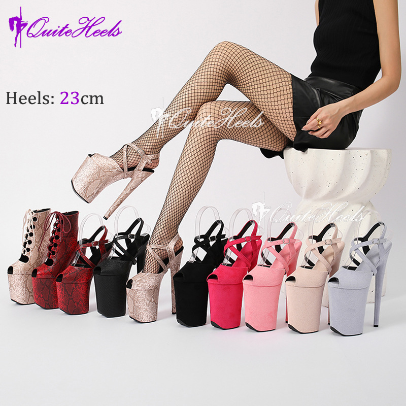 23cm Suede Ultra-High Heel Model Catwalk Shoes Sexy Sky-High Waterproof Platform Pole Dance Sandals Small Fish Mouth