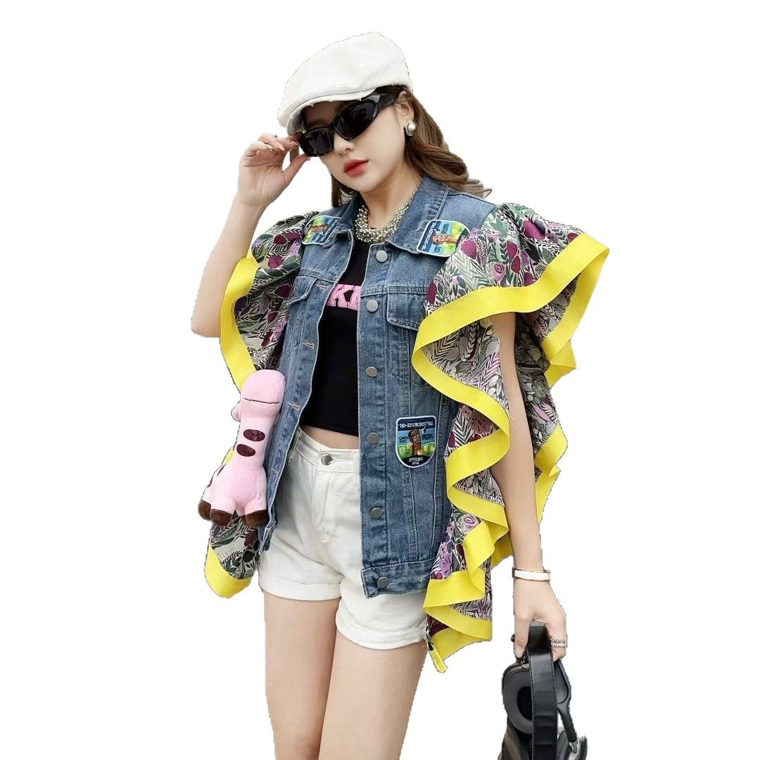 Chaleco de mezclilla con costuras con volantes de la marca de moda tailandesa Primavera y otoño para mujer 2025 nuevo chaleco suelto chaqueta sin mangas image 5