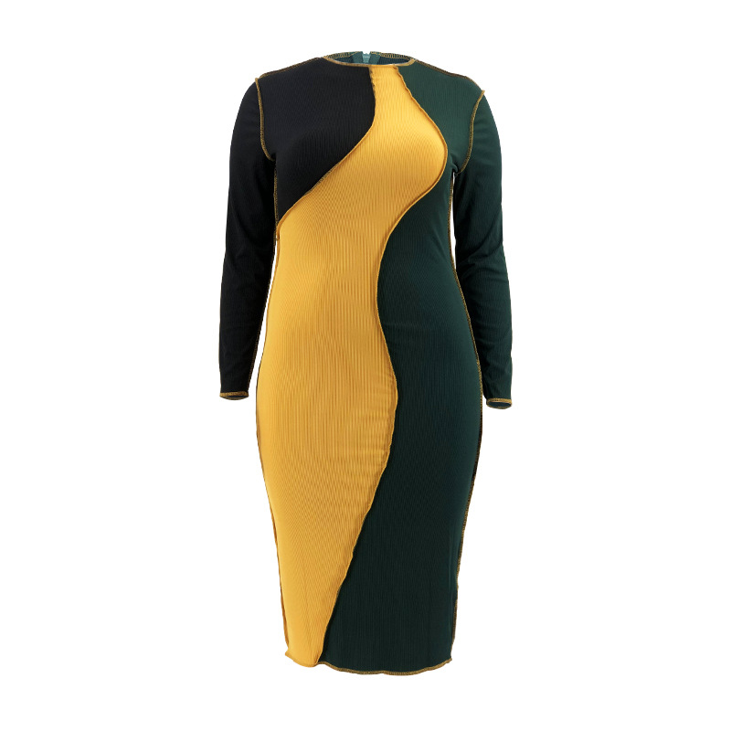 Regular Dress Elegant Round Neck Patchwork Rib-Knit Long Sleeve Color Block Midi Dress Daily display picture 40