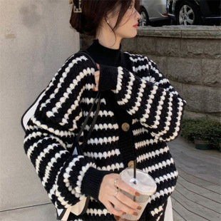 Chanel style knitted cardigan Autumn 2023 new style chic lazy striped V-neck thickened sweater coat for women