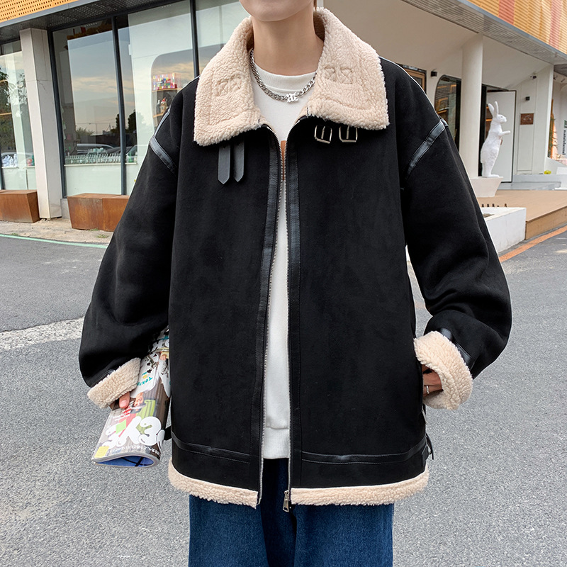 Abrigo de lana de cordero invierno de los Hombres estilo coreano Harajuku suelta marca de moda ins simple solapa de algodón acolchado chaqueta cardigan