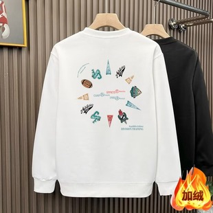 Autumn and Winter New Trendy Brand Printed Boys' Tops, Fashionable Pullover, Round Neck, Long Sleeves, Casual, Versatile, Trendy Men's Sweatshirts with Velvet