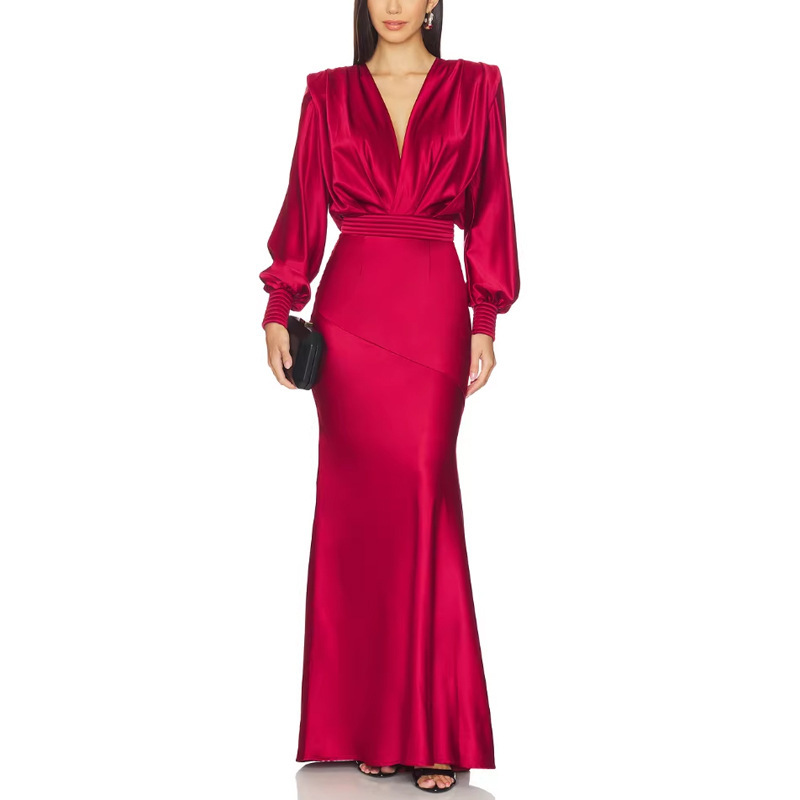 French-Style Red Satin Long-Sleeve Dress, Simple Banquet Bridal Wedding Reception Gown, Wedding Dress for Going Out, Toast Evening Dress