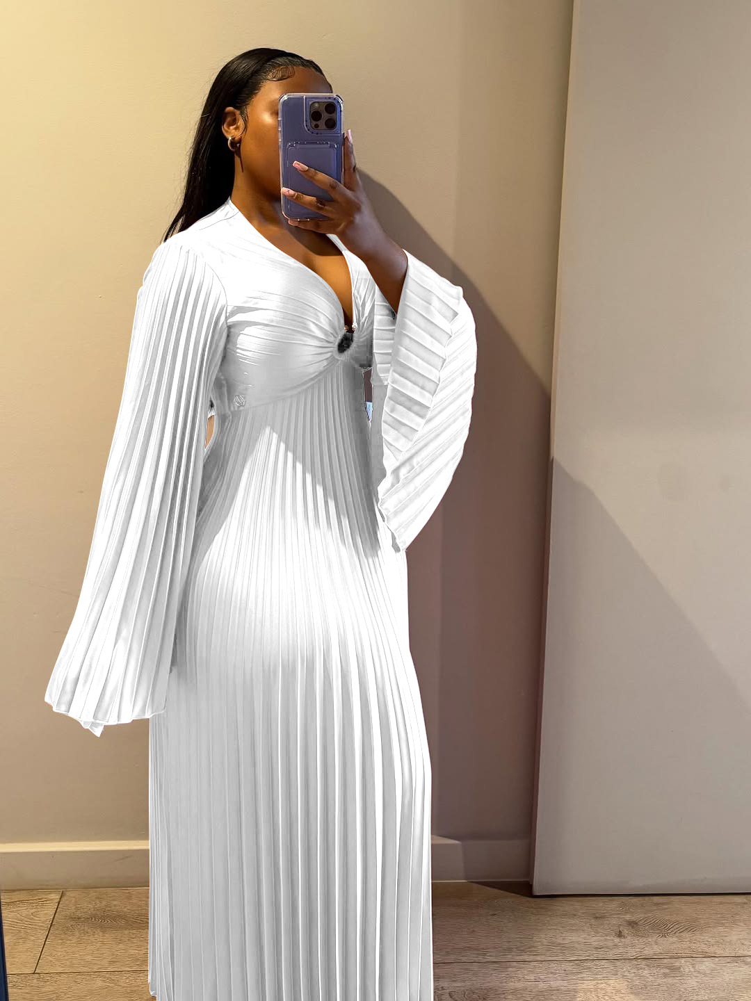 Women's Clothing Elegant Slim Fit Women's Dress V Neck Pleated Long Sleeve Solid Color Casual Spring/Autumn Dress_ecoleips.com