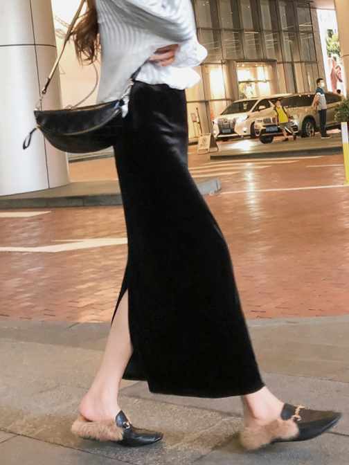 黑色丝绒半身裙女2025秋季新款小个子开叉复古直筒包臀高腰a字裙|undefined