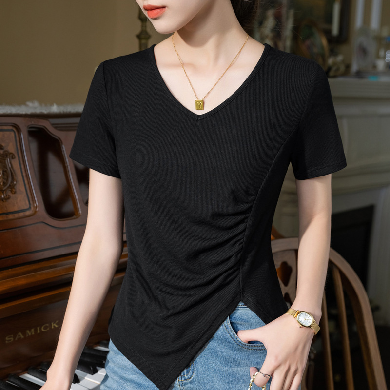 Camiseta de manga corta para mujer verano 2023 nuevas mujeres elegantes con cuello en V hilo camiseta irregular dobladillo dividido cintura superior