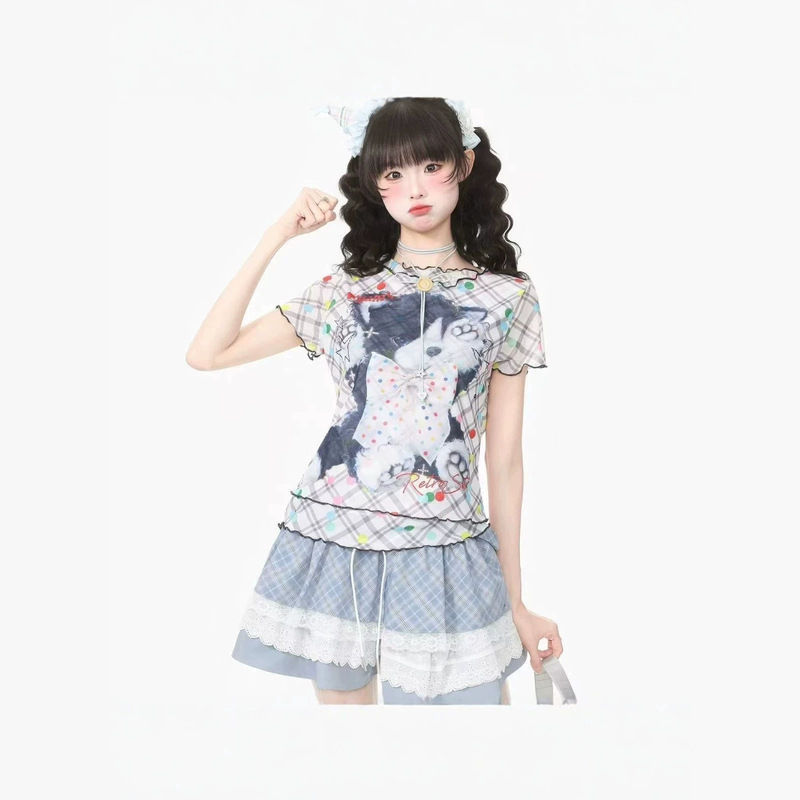 [Mesh Puppy] Polka Dot Ruffle Edge Short Sleeve T-Shirt for Women, Summer Lace Breathable Top