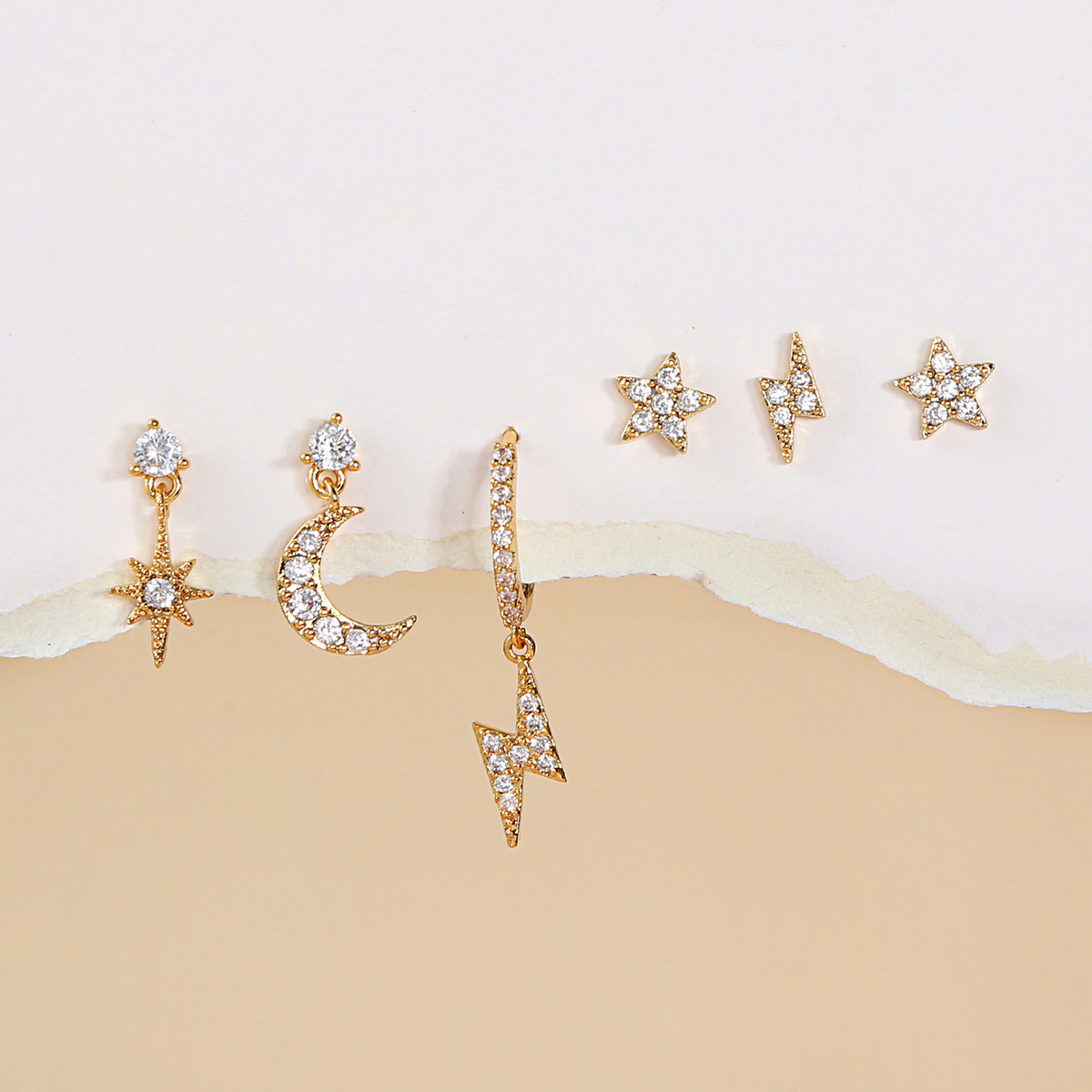 18K Gold Plated Plating Material Zircon Inlay Material Earrings Classification 6 Pieces Quantity 6 Pieces Fashion Star Moon Lightning Copper Plating Zircon Earrings