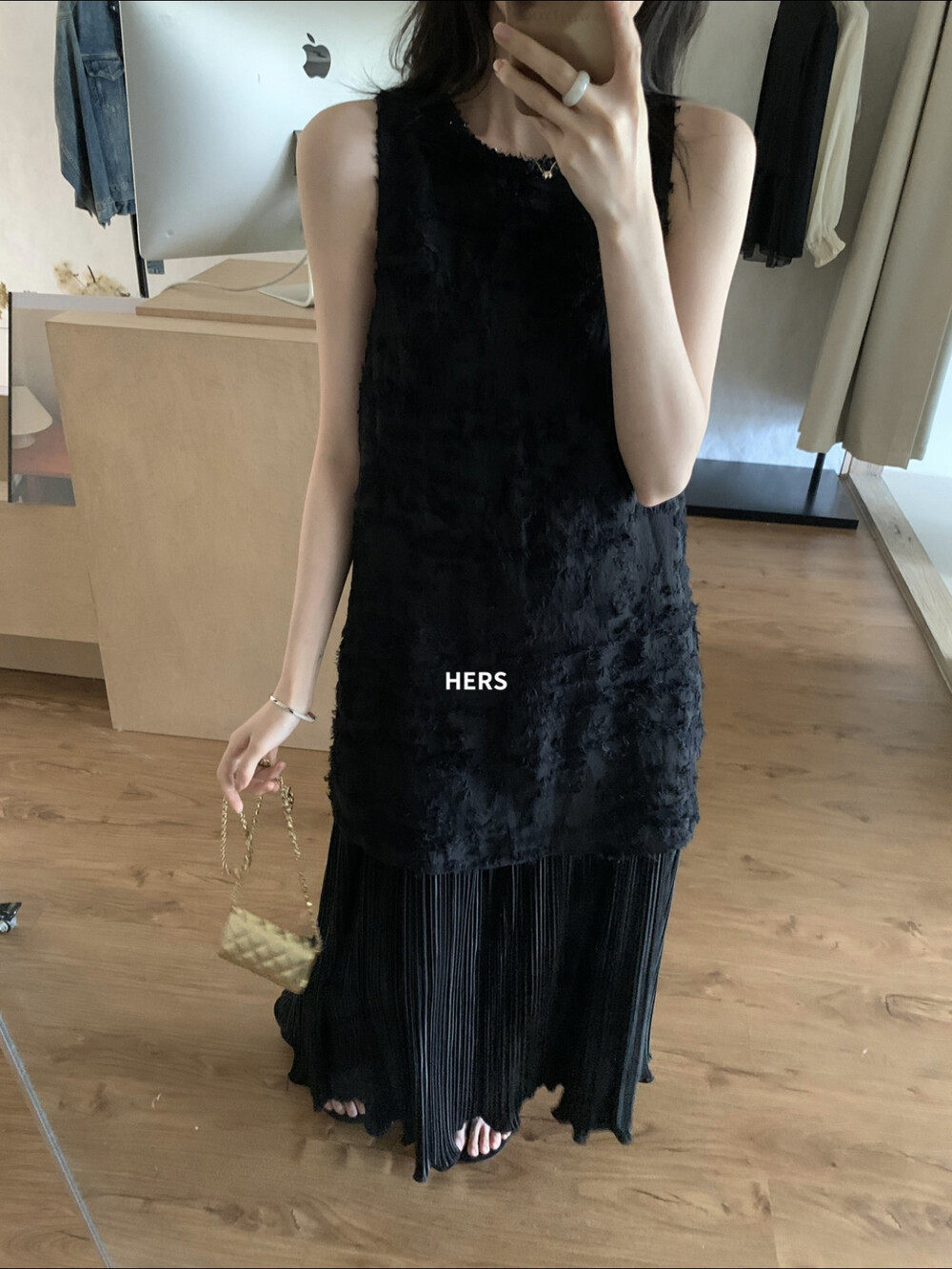 Đầm maxi nữ thắt eo cổ tròn không tay ren phối quý phái — màu đen, màu trắng chi tiết 14