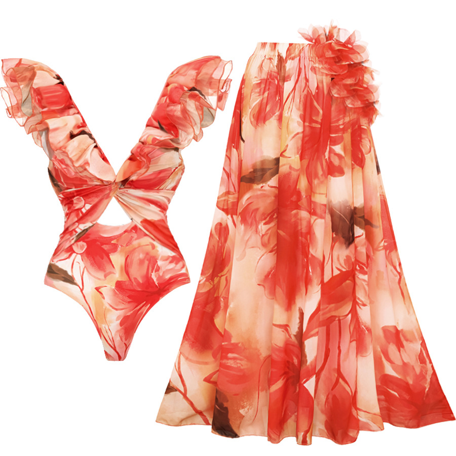 245g Weight Nylon, Polyester Fabric Type One-Piece Swimsuit Tops Type Swimming Pool, Beach, Swimming Occasion Printing Pattern Women's Gender Women's Vacation Printing 1 Piece 2 Pieces Set One Piece Swimwear 3