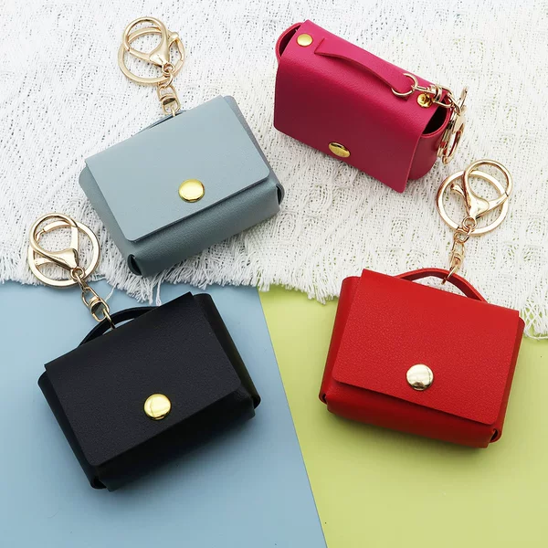 Earphone Case Protective Cover Pu Leather Small Square Bag Coin Storage Bag Keychain Pendant Car Key Bag Portable