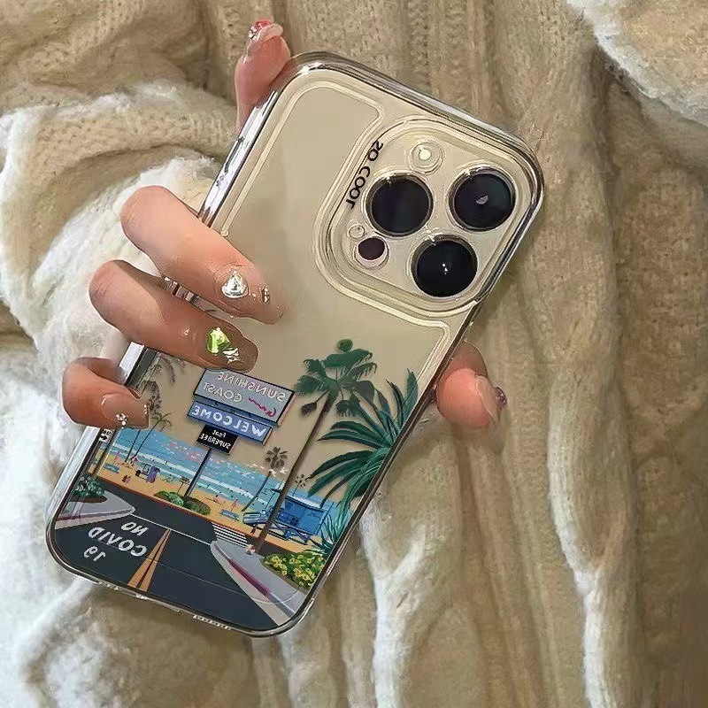 Playa romántica para iphone16promax funda para teléfono móvil transparente Apple 15 anti-caída 14pro Europa y América 13/12