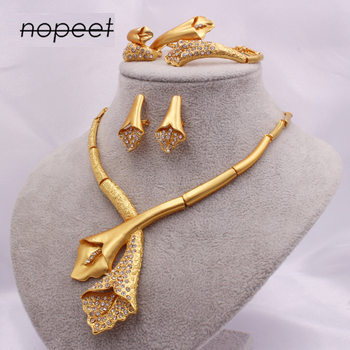 NOPEET Dubai 24K Jewelry Set African Bride Wedding Jewelry Necklace Bracelet Earring Ring Four Piece Set