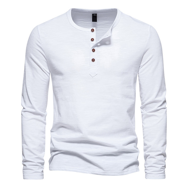 T-shirt da uomo a maniche lunghe con collo Henry a quattro bottoni in cotone tinta unita in bambù per l'autunno e l'inverno dei nuovi uomini_voghion.com