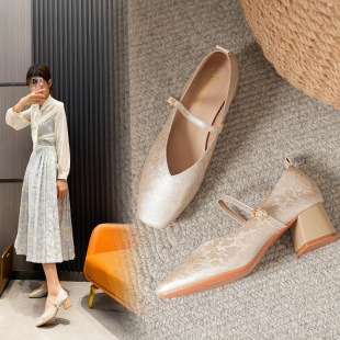 Square Head Soft Leather Work Shoes Women's Shoes Soft Sole Long Standing Not Tired Professional Comfortable High Heels Thick Heel Shoes Don't Fall off Heels