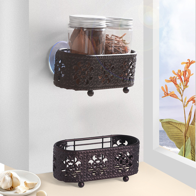 Estante de drenaje hueco de hierro marrón cocina hogar condimento almacenamiento rack lechón pie cuentas escritorio colgante rack de almacenamiento