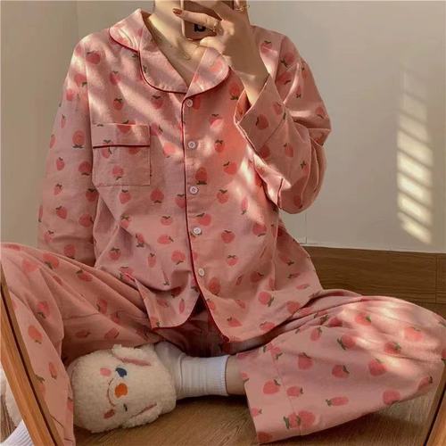 Strawberry Bear Pink Women's Spring and Autumn Winter Loose Cute Cartoon Long Sleeve Long Pants Pajama Set of 2