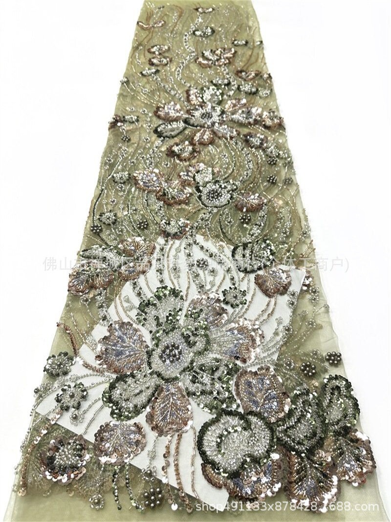 Flores tela de malla de cuentas de clavos de fabricación pesada sequinilla perla bordada cola de pescado cena brindis vestido de boda tela