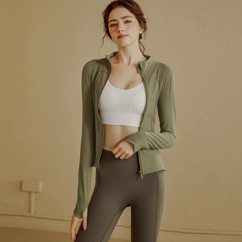 Cross-border new women's yoga jacket, sports fitness top, hooded, quick-drying, tight zipper, long-sleeved running top
