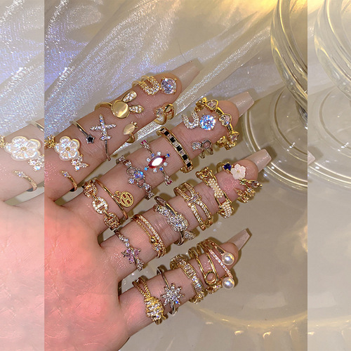 Korean version micro-set zirconia ring for women, light luxury, high-end, niche couple's matching rings, adjustable opening, pearl index finger ring
