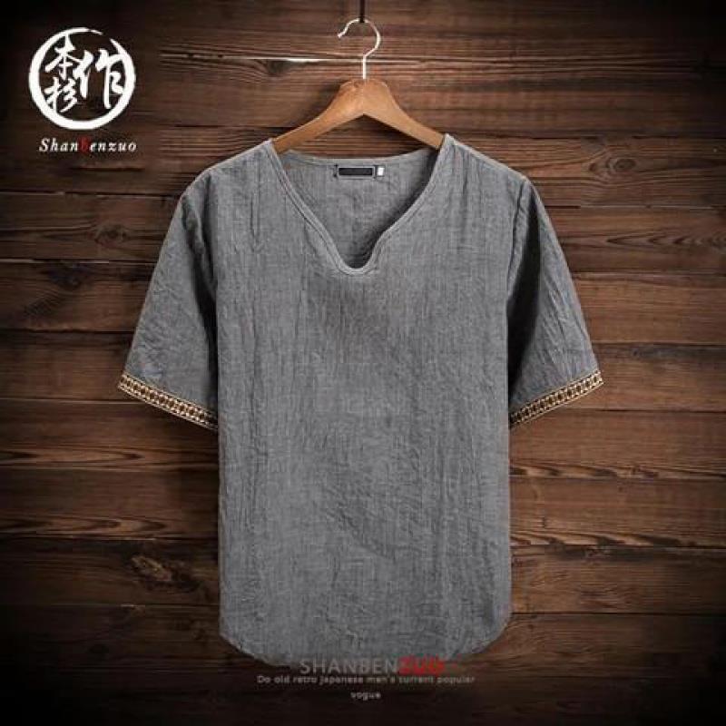 Verano con cuello en V de manga corta de los hombres de algodón transpirable y lino camiseta casual versátil media manga de los hombres retro camiseta delgada superior