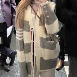 秋冬装新款大码女装慵懒风灰色条纹针织开衫外搭中长款毛衣外套女