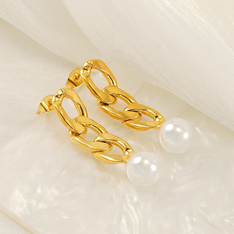 Pendientes transfronterizos europeos y americanos de acero de titanio de viento de 18K para mujer Pendientes de cadena cubana de acero inoxidable para mujer Pendientes largos de perlas para mujer