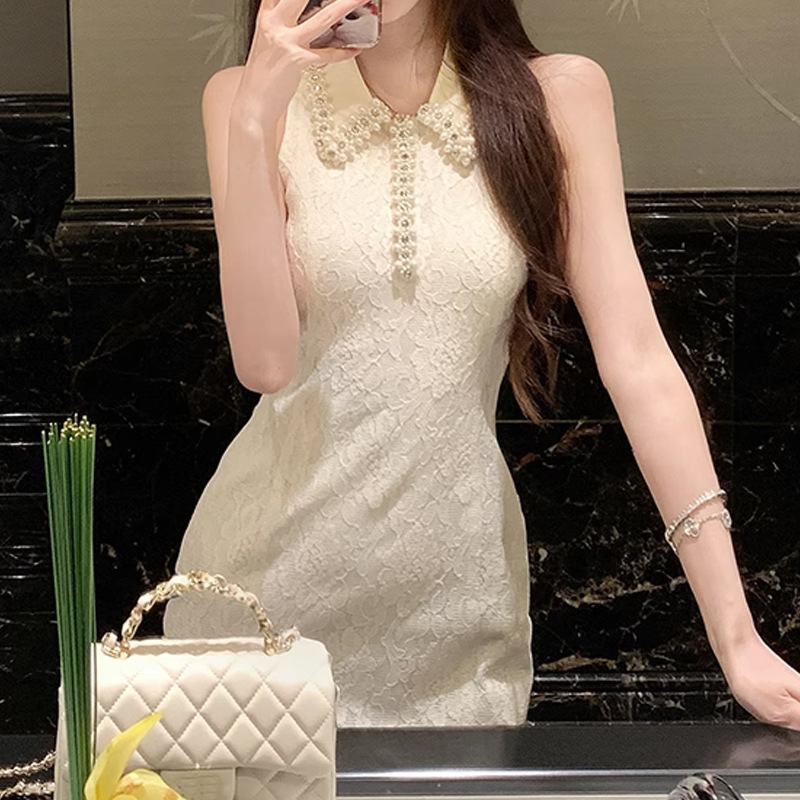 ZHOYUE [星月夜のささやき] 2025 新しい夏服重工業パールショートスカートノースリーブウエストドレス婦人服|undefined