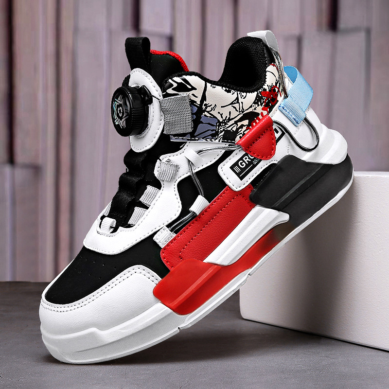 Boys' shoes with rotating buttons, 2023 Spring and Autumn New Children's Basketball Shoes, big kids high top sports_voghion.com