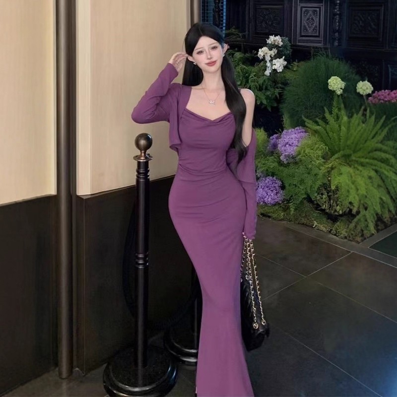 紫色纯欲修身显瘦包臀裙女秋季减龄时尚吊带连衣裙气质开衫两件套|undefined