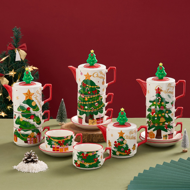 Ins tetera de cerámica navideña Amazon venta caliente regalos especiales de Navidad una olla dos tazas juego de té chapado en oro