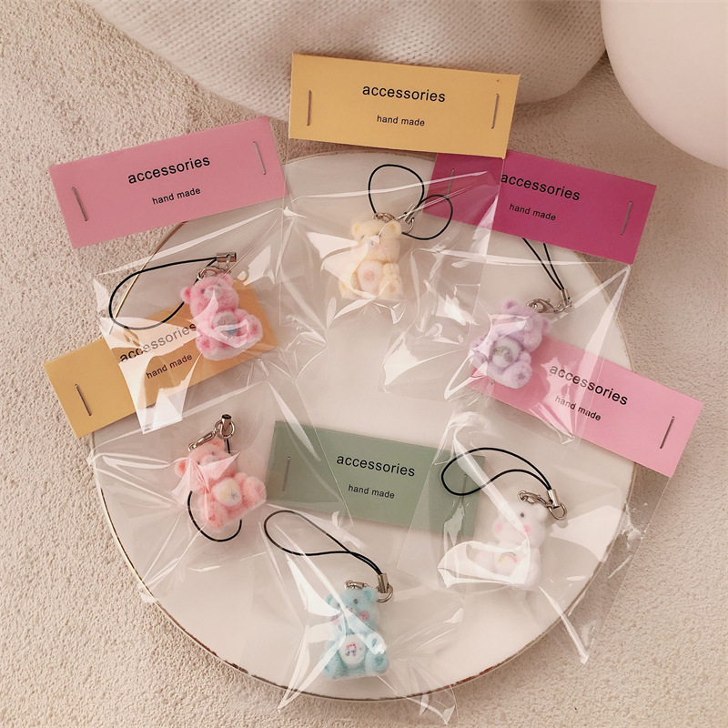 Colgante de oso de dibujos animados tridimensional flocado, cordón de niña linda, bolso de estudiante de felpa, colgante de bolso, colgante de teléfono móvil