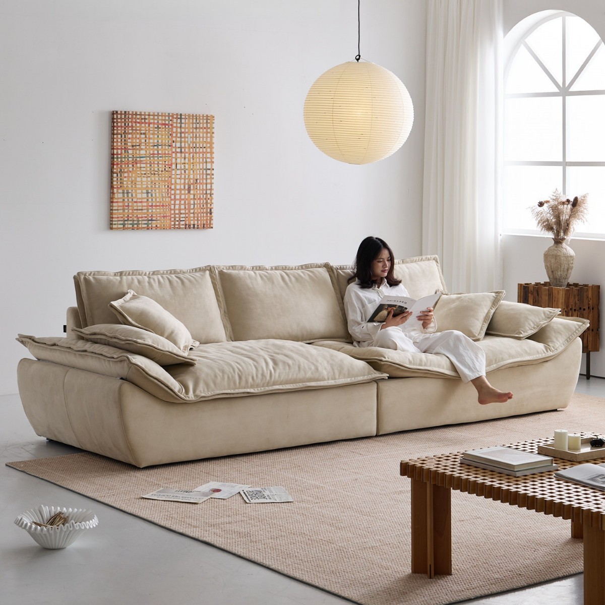 Sofá de tela de tecnología de viento crema minimalista italiano sala de estar grande perezosa nube recta sofá de tela