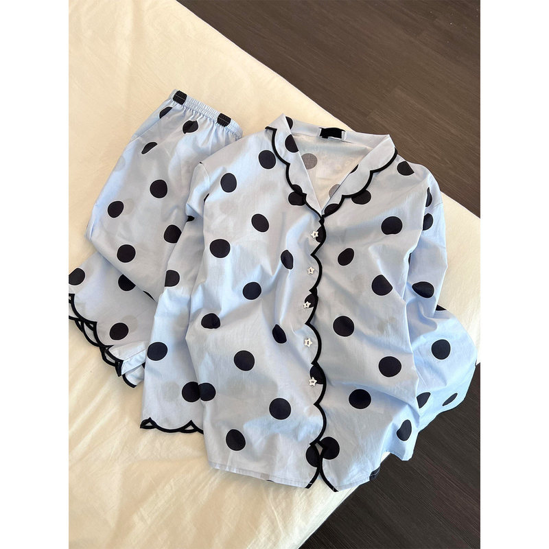 Korean-style polka dot long-sleeve pajamas for women, 2026 spring and autumn new style, loose casual cardigan and long pants home wear set, suitable for outerwear Korean-style polka dot long-sleeve pajamas for women, 2026 spring and autumn new style, loose casual cardigan and long pants home wear set, suitable for outerwear