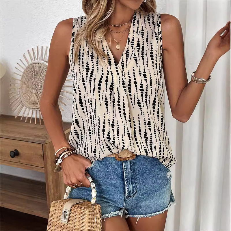 Cross-Border Amazon Aliexpress Independent Site European and American Summer Sleeveless V-Neck Printed Shirt Women's Top Tank Top Hot Girl