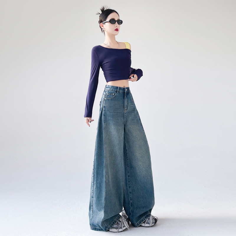 Autumn and Winter High-Waisted Loose Washed Jeans for Women, Slim and Drapey Straight Pants, Floor-Length Pants, Wide-Leg Pants, Long Pants