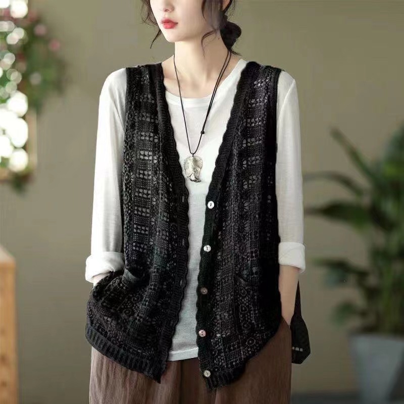Hollow-out de punto cardigan chaleco verano de las mujeres casual moda artística retro suelta desgaste exterior Polka Dot malla superior chaleco image 9
