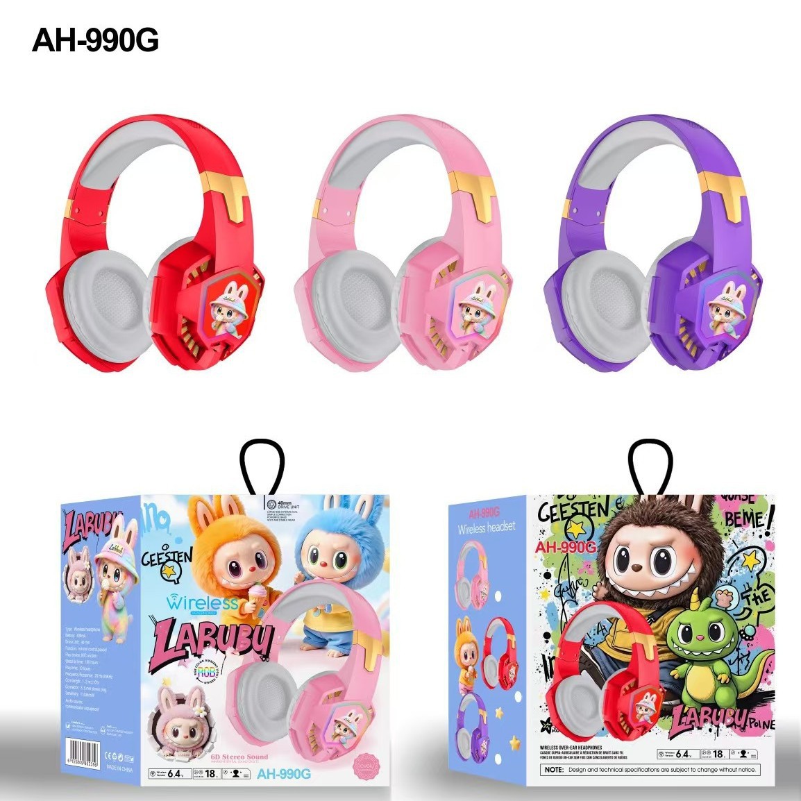 AH - 990 Rabubu Cartoon Bluetooth Headset Standby Ultra Long Battery Plegable Stereo Heavy Bass image 1