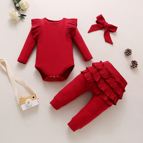Set of 3 for Autumn Girls: Ribbed Pleated Long-Sleeve Bodysuit and Pants Set with Bow Ties