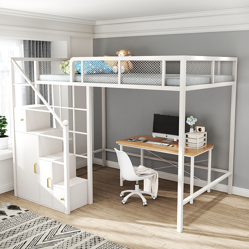 Wrought Iron Loft Bed for Small Apartments, Multifunctional Children's Bed, Simple Modern Space-Saving Bunk Bed with Desk for Students