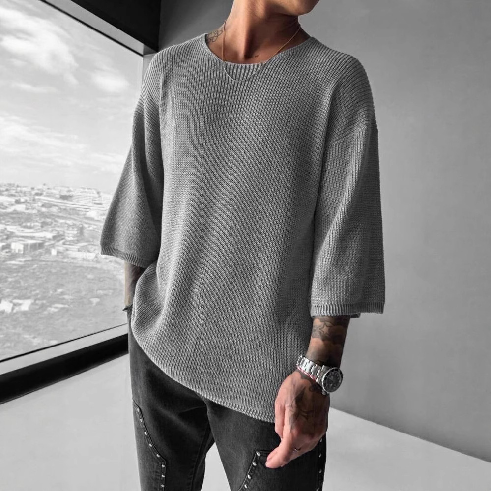 Cross-Border Spring and Summer Men's New V Neck Three-Quarter Sleeve Round Neck Pure Color Knitwear Trendy Brand Niche Loose Breathable Pullover